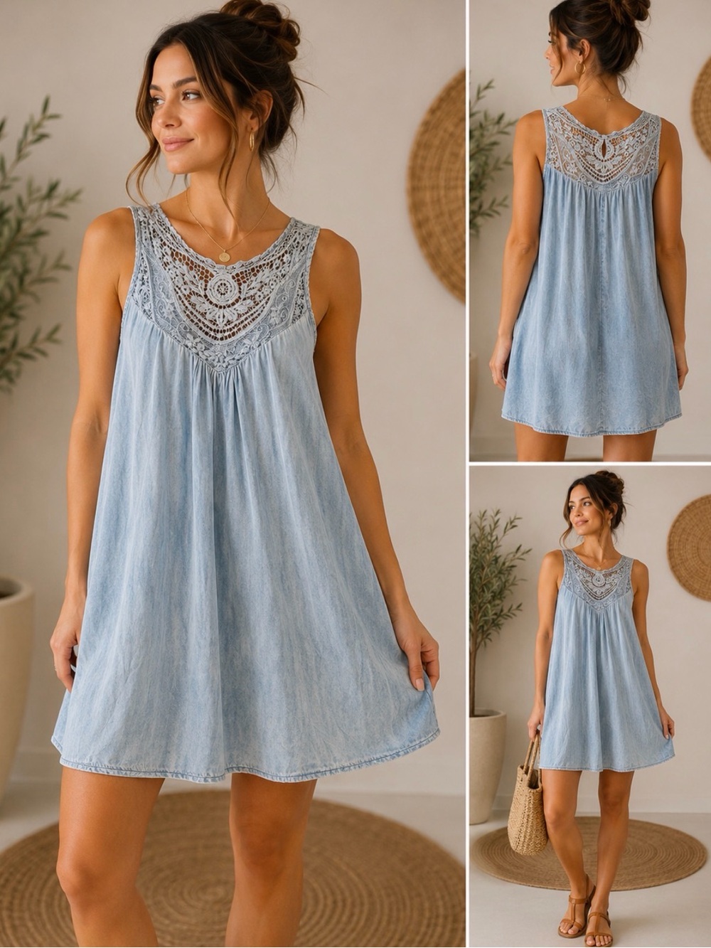 Source Unknown Light Blue Lace Yoke Sleeveless Midi Dress